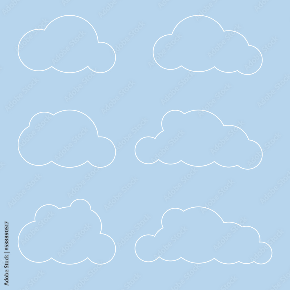White 3d clouds set isolated on a blue background. Render soft round cartoon fluffy clouds icon in the blue sky. 3d geometric shapes vector illustration. Vector illustration White 3d clouds set isolated on a blue background. Render soft round cartoon fluffy clouds icon in the blue sky. 3d geometric shapes vector illustration. Vector illustration