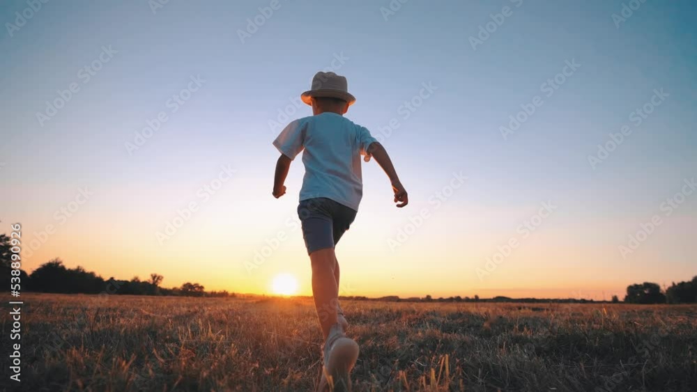 Baby boy runs an agricultural field in village. Sport lifestyle in leisure activity. Summer outdoor nature. Beautiful landscape at dawn in sunlight. Freedom alone. Happy childhood on move. Back view.
