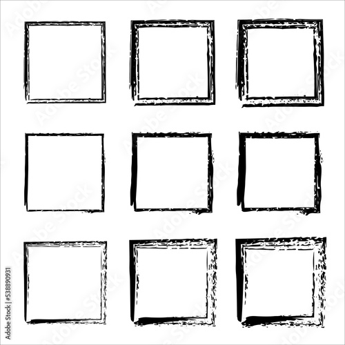 Hand drawn frames. Handdrawn square frame. Vector borders grunge template set. Vector black painted squares. Vector illustration