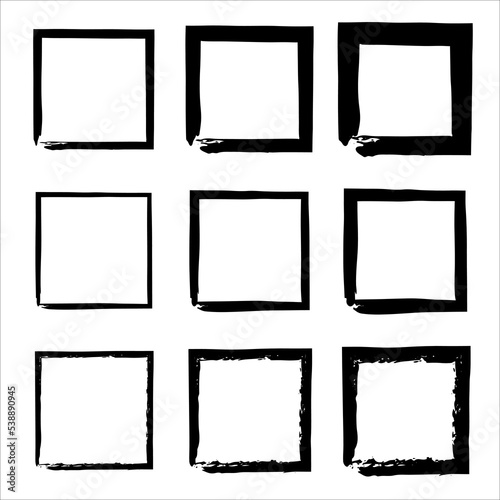 Set of grunge square. black square shape borders. Grunge style set of square shapes. Grungy old texture. Hand drawn brush strokes