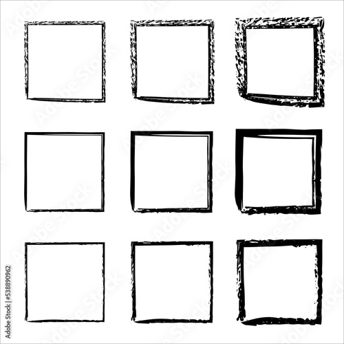Grunge frames vector set. Vector black painted squares. Grunge style set of square shapes. Vector black painted squares. Vector illustration