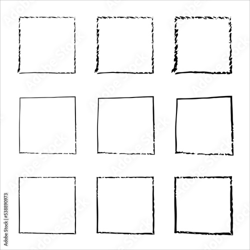 Collection of square black hand drawn grunge frames. Vector black painted squares. Vector borders grunge template set. Grungy old texture. Hand drawn brush strokes