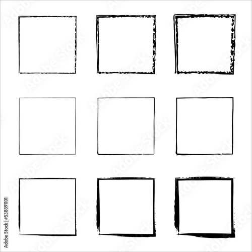 Collection of square black hand drawn grunge frames. borders set. Set of design elements. Grungy old texture. Hand drawn brush strokes