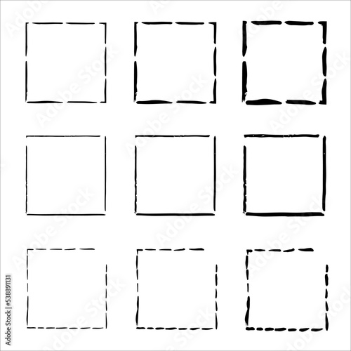 Grunge frames vector set. Handdrawn square frame. Set of design elements. Grungy old texture. Vector illustration