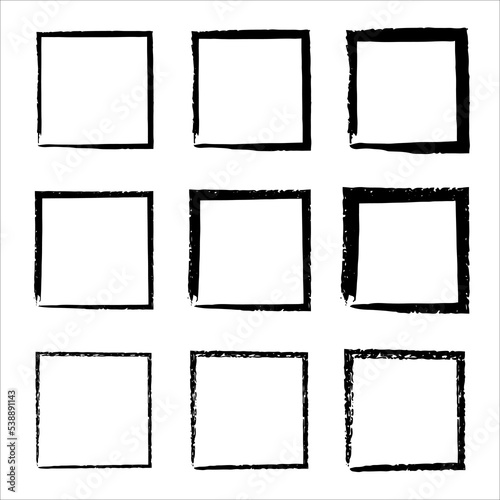 Hand drawn frames. Handdrawn square frame. Vector borders grunge template set. Grungy old texture. Vector illustration