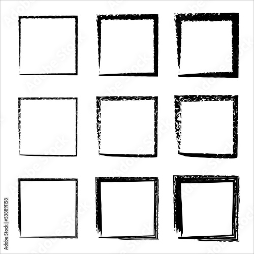 Grunge frames vector set. Handdrawn square frame. Grunge style set of square shapes. Vector black painted squares. Vector illustration