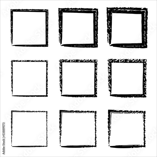 Collection of square black hand drawn grunge frames. Grunge ink illustration. rectangular shapes. Hand drawn brush strokes. Hand drawn brush strokes