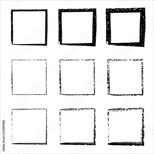 Collection of square black hand drawn grunge frames. borders set. Grunge style set of square shapes. Grungy old texture. Dirty grunge design frames
