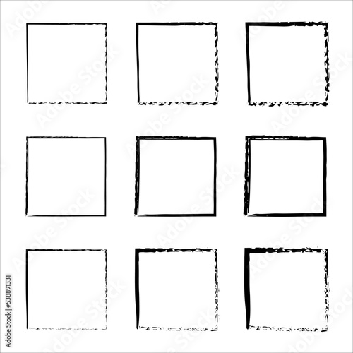 Collection of square black hand drawn grunge frames. Vector black painted squares. Vector borders grunge template set. Hand drawn brush strokes. Dirty grunge design frames