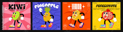 Fruit cartoon characters from the 90s. fashion poster. funny colorful characters in doodle style, pomegranate, kiwi, lemon, pineapple with gloved hands. Vector groovy illustration with typography