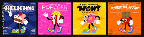 90s sweets cartoon characters. fashion poster. funny colorful characters in doodle style cheesecake, donut, popcorn, chocolate, cupcake with gloved hands. Vector groovy illustration with typography