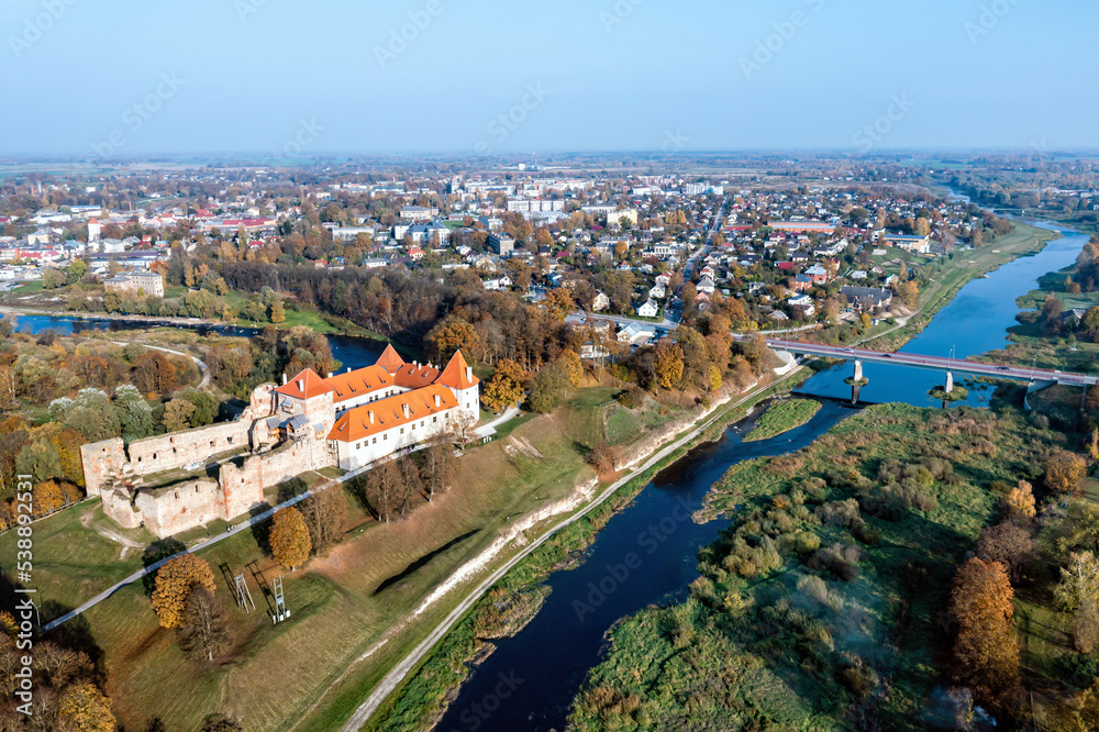Medieval castle from above, Bauska town aerial panorama with medieval castle