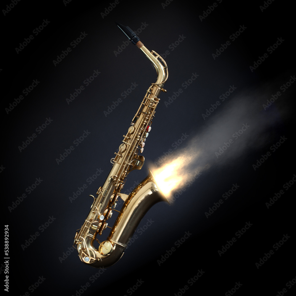 Fototapeta premium Saxophone blasting fire and smoke from bell