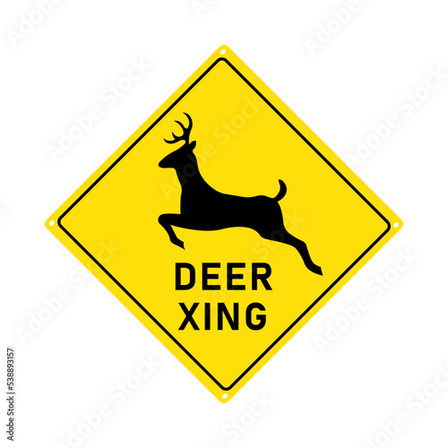 Deer xing attention icon sign. Yellow background black popular icon 