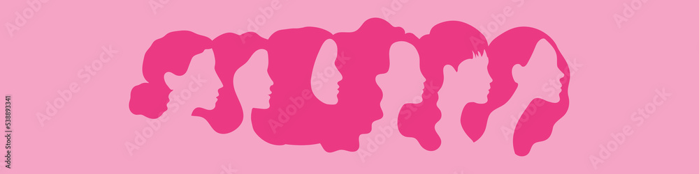 Portraits of different women in profile. Horizontal banner. Pink colors. International Day of Breast Cancer. Concept of women's rights, diversity, unity. Vector illustration, flat design
