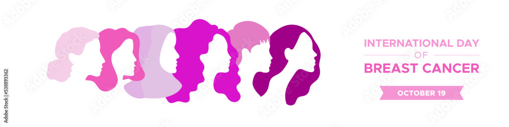 International Day of Breast Cancer. October 19. Portraits of different women in profile. Pink tones. Horizontal banner. Vector illustration, flat design