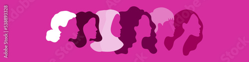 Portraits of different women in profile. Horizontal banner. Pink colors. International Day of Breast Cancer. Concept of women's rights, diversity, unity. Vector illustration, flat design © frikota