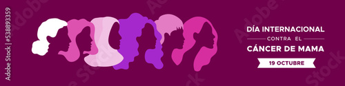 International Day of Breast Cancer in Spanish. Dia internacional contra el cancer de mama. Portraits of different women in profile. Pink tones. Horizontal banner. Vector illustration, flat design