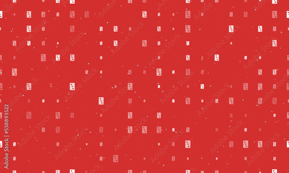 Seamless background pattern of evenly spaced white Three of hearts playing cards of different sizes and opacity. Vector illustration on red background with stars