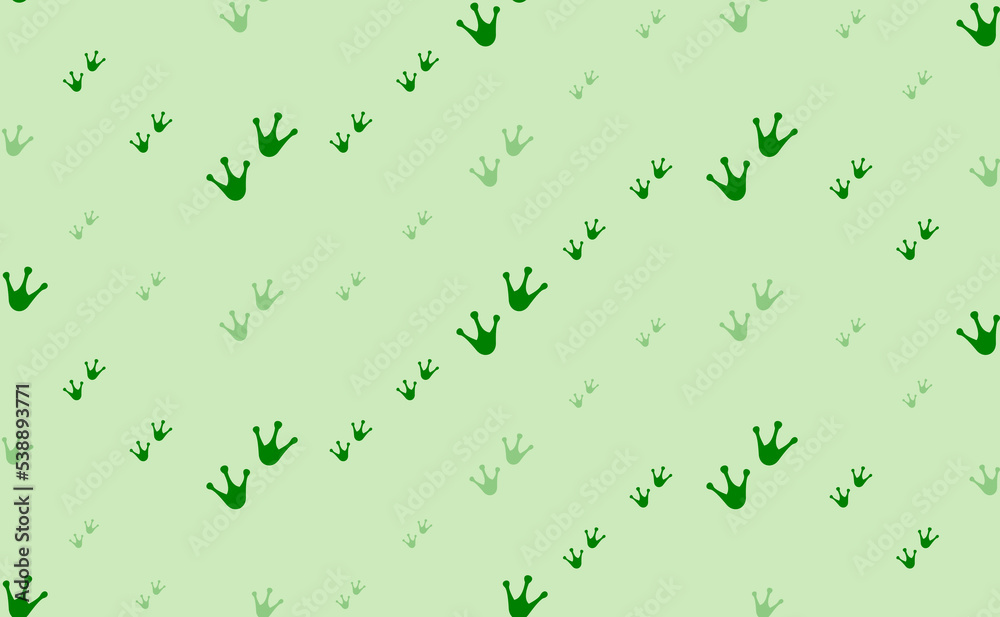 Seamless pattern of large and small green frog tracks symbols. The elements are arranged in a wavy. Vector illustration on light green background