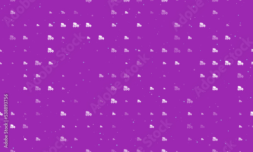 Seamless background pattern of evenly spaced white concrete mixer truck symbols of different sizes and opacity. Vector illustration on purple background with stars