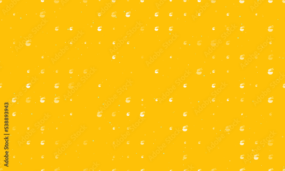 Seamless background pattern of evenly spaced white noodle symbols of different sizes and opacity. Vector illustration on amber background with stars