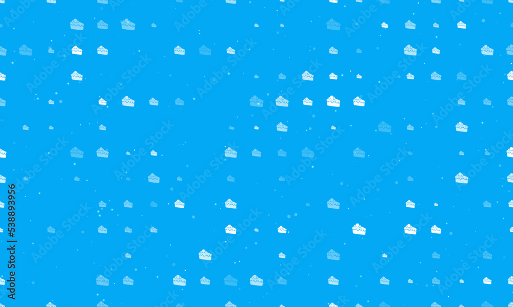 Seamless background pattern of evenly spaced white piece of cake symbols of different sizes and opacity. Vector illustration on light blue background with stars