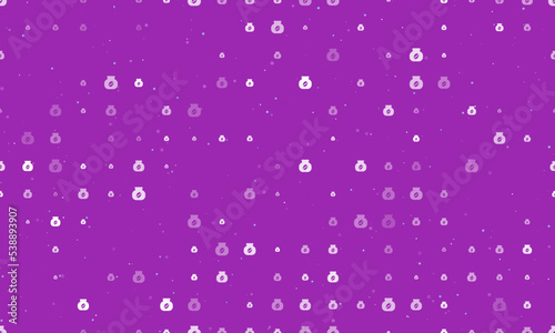 Seamless background pattern of evenly spaced white instant coffee symbols of different sizes and opacity. Vector illustration on purple background with stars