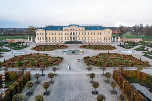 Aerial view on baroque garden of Rundale palace in autumn time. Symmetrical park in vibrant colors photo