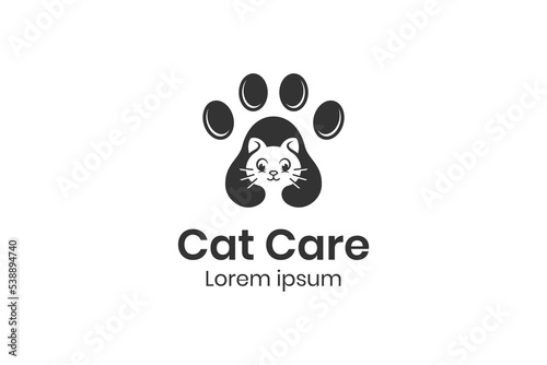 animal cute cat silhouette logo with foot paw design concept for pet cat logo icon, cat food shop logo design