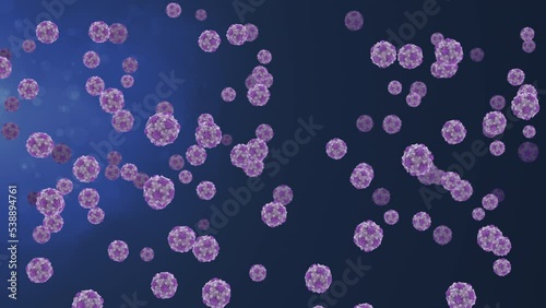 Polio virus particles with their viral capsid proteins floating in water. Poliomyelitis is a disease caused by the Poliovirus. CGI conceptual animation, loop