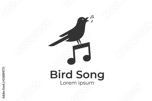 singing bird silhouette logo design with canary. Music Notes for Song Vocal symbol or Nature Bird Voice logo design illustration