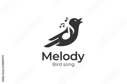 singing bird silhouette logo design with canary. Music Notes for Song Vocal symbol or Nature Bird Voice logo design illustration