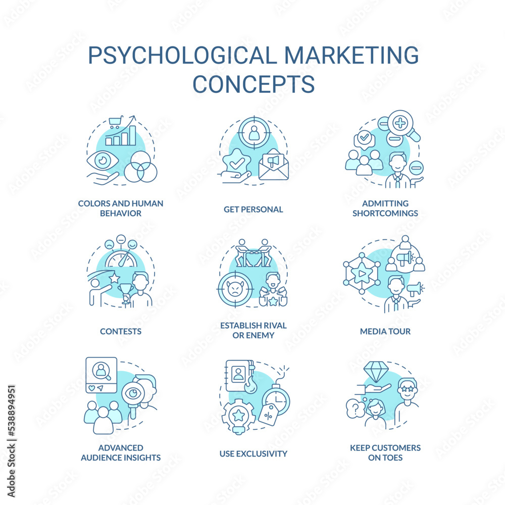 Psychological marketing tricks turquoise concept icons set. Engage consumers idea thin line color illustrations. Isolated symbols. Editable stroke. Roboto-Medium, Myriad Pro-Bold fonts used