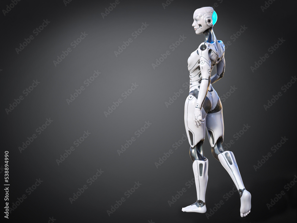 3D rendering of a female android with greyish background.