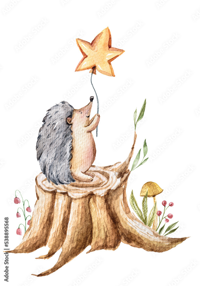 Obraz premium Watercolor hand drawing cute cartoon hedgehog w illustration. Nursery clipart, children funny clipart on isolated white background. Can be used for sticker, print, sublimation, pattern
