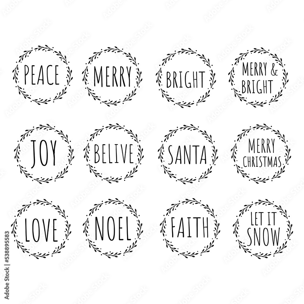 Set of Christmas Ornament. Round Christmas designs with wishes and congratulations. Christmas wreath. Vector illustration.  Isolated on white background. 