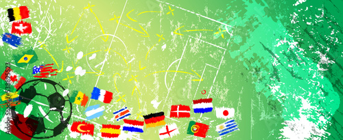 soccer or football illustration for the great soccer event with flags  field  paint strokes and splashes