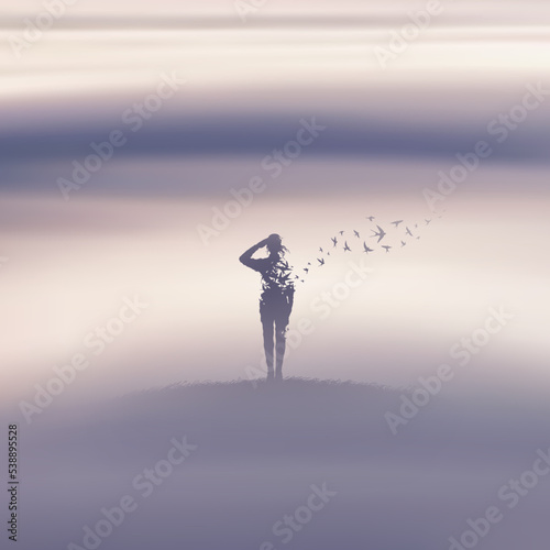 Woman soldier in fog. Death  afterlife. Flying birds in misty clouds
