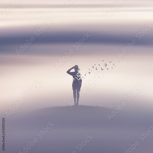 Woman soldier in fog. Death, afterlife. Flying birds in misty clouds