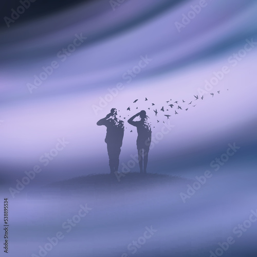 Dying soldiers on war. Death, afterlife. Flying birds in foggy clouds
