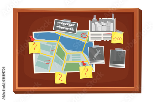 Detective investigation board, work place in cartoon style isolated on white background. Mystery photo, map, police mind plan 