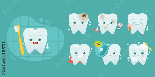 Cute tooth mascot set. Cartoon teeth characters for kids dental clinic. Vector collection of adorable baby tooth.