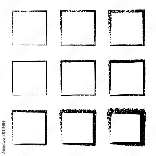 Grunge frames vector set. Vector black painted squares. Grunge style set of square shapes. Vector black painted squares. Hand drawn brush strokes