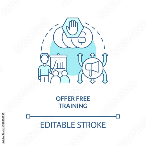 Offer free training turquoise concept icon. Provide courses. Attract new customers abstract idea thin line illustration. Isolated outline drawing. Editable stroke. Arial  Myriad Pro-Bold fonts used
