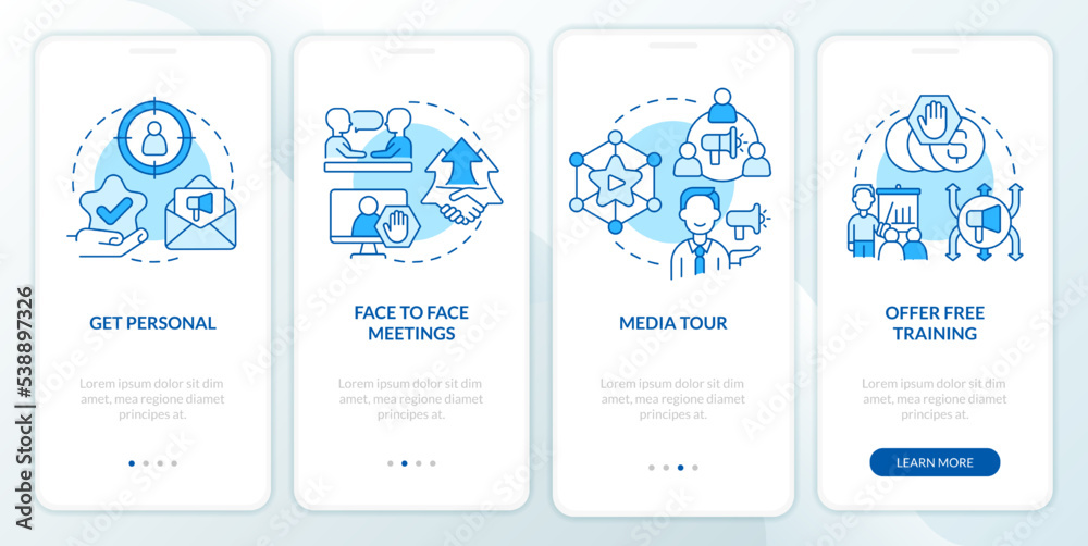 Increasing turnaround ideas blue onboarding mobile app screen. Walkthrough 4 steps editable graphic instructions with linear concepts. UI, UX, GUI template. Myriad Pro-Bold, Regular fonts used