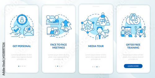 Increasing turnaround ideas blue onboarding mobile app screen. Walkthrough 4 steps editable graphic instructions with linear concepts. UI, UX, GUI template. Myriad Pro-Bold, Regular fonts used