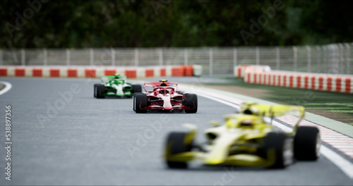 Formula One Cars Racing Along the Track to the Finish Line. Dynamic Front View Camera. Speed and Sport Concept. 3D Rendering