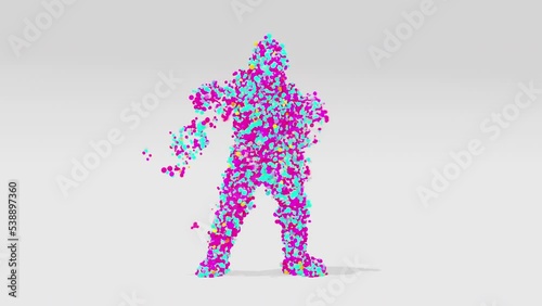 The Figure Made of Colorful Balls Dancing on Light Background. Hip Hop Dancer Made of Particle Making Some Dance Movements. Animator for Children Birthday or Party Celebration. 3D Rendering photo
