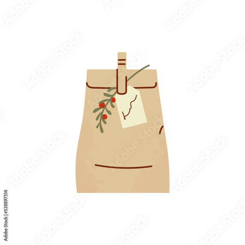 Cute vector illustration of gift or present in craft paper bag with leaves and berries. Isolated on white Background.